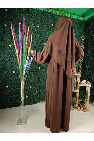 ABAYA طقم عمرة حرير المدينة المنورة بني اللون طقم 3 فساتين-سوفليه-حجاب متنقل