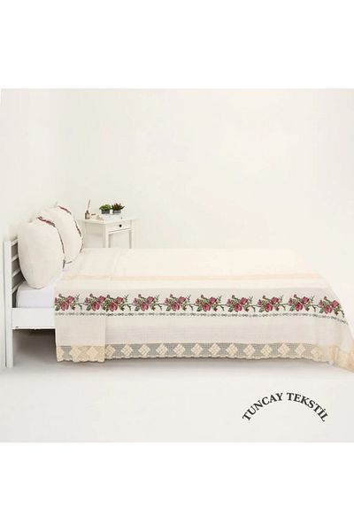 TUNCAY TEKSTİL Cotton Lace Cross Stitched Bedspread Set