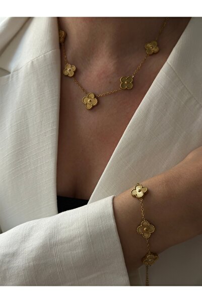 YOUES JEWELRY 316l Çelik Gold Yonca Kolye Ve Bileklik Seti Çift Taraflı Kolye...