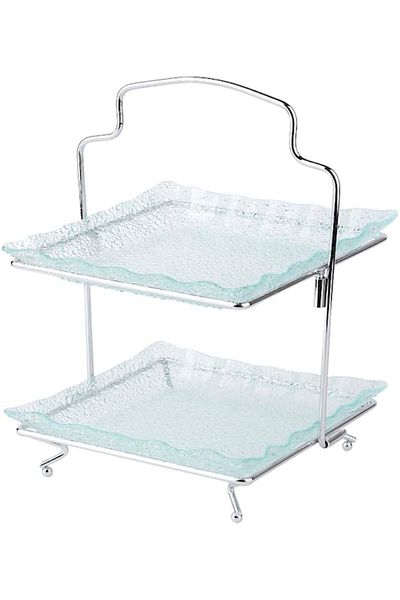 ORCHID 2 TIER SQ GLASS SERVING PLATE WITH STAND