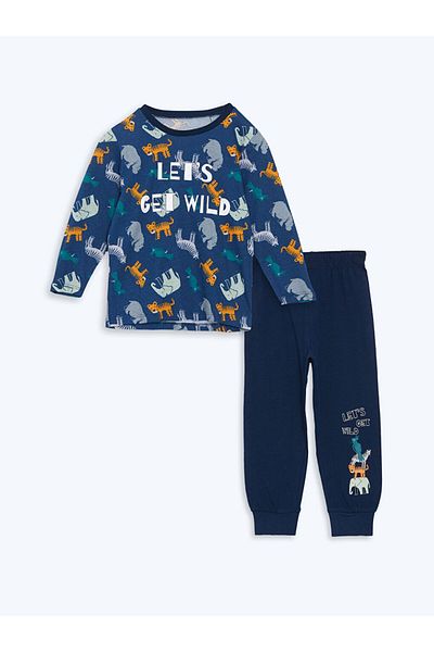 LC Waikiki Lcw Kids Navy Blue Printed Boys Pajama Set with Elastic Waist