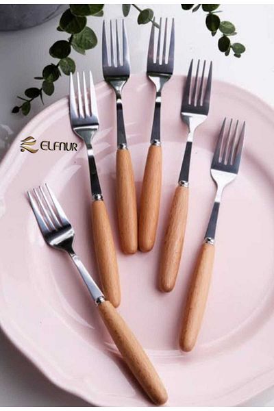 elfnur 6 Pieces Bamboo Handle Steel Dinner Forks