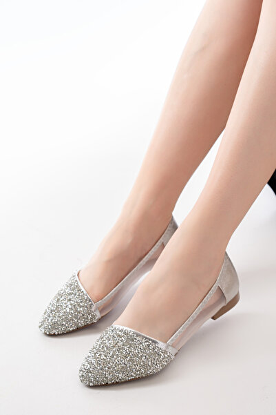 bashrol حذاء راقصة باليه نسائي كاجوال شفاف من الجانب ونعل مسطح من الحجر الفضي V2 - (زجاج مكسور)