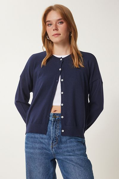 Lovelyİstanbul Cardigan din tricot bleumarin - Detaliu dungi contrastante, LUS0059