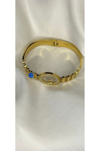 nss sky rock Steel Quarter Fitted Bracelet Handcuffs Gold Tarnish Free Evil Eye Bead Detailed
