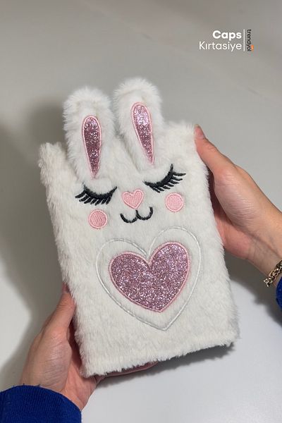 caps Pink and White Rabbit Book - A5, 160 Sheets, Plush and Heart, Cute and Soft Cover