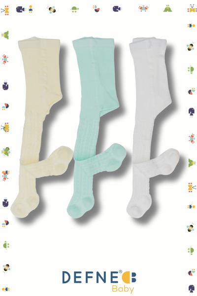 Defne Baby 3 Pieces of Jacquard Patterned Cotton Girls and Baby Pantyhose
