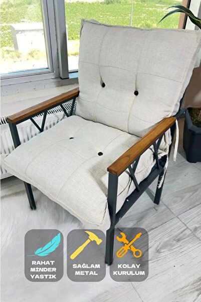 UFUK HOME Miray Düğmeli Krem Tekli Koltuk Fermuarlı Keten Kumaş, Modern Konfo...