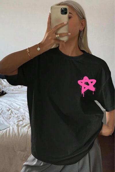 NO 601 Γυναικείο μπλουζάκι σε μαύρο Oversize Pink Star Puff Printed Loose Fit...