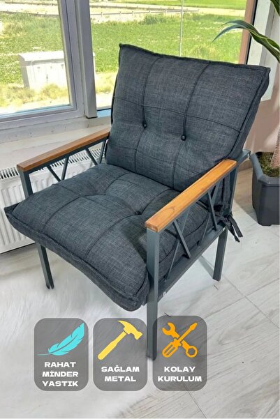 UFUK HOME Miray Düğmeli Antrasit Tekli Koltuk Fermuarlı Keten Kumaş, Modern K...