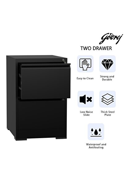 Mahmayi Godrej 2 Drawer Steel Filing Cabinet with Secure Lock Steel Black Powder-Coated Finish