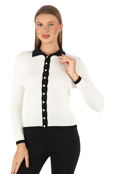 Butik Zeyoo Collection Sade Trophy Polo Collar Seasonal Women's Cotton Cardigan