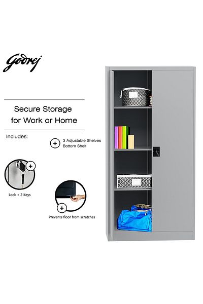 Mahmayi Godrej Full-Height Steel Swing Door Cupboard with Adjustable Shelves Grey Finish