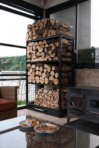 INVAC Demir Metal Şömine Odunluk 3 Raflı Çekmeceli 1500x1000x440