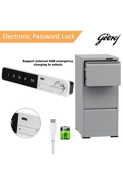 Mahmayi Godrej 3 Drawer Digital Filing Cabinet with Touch Screen Lock Steel Grey