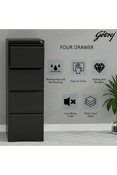 Mahmayi Godrej 4 Drawer Steel Filing Cabinet with Secure Lock Steel Black Powder-Coated Finish