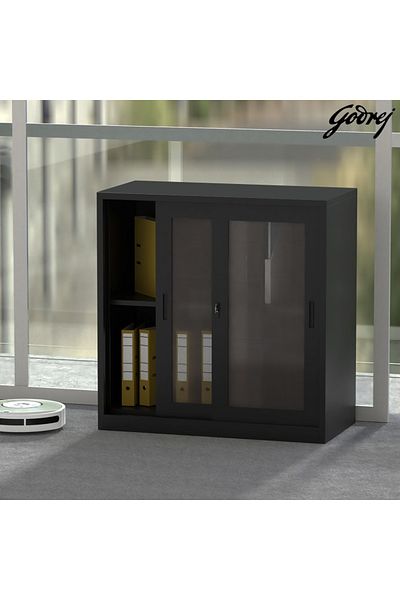Mahmayi Godrej Low Height Glass Sliding Door Steel Bookshelf with Shelves Steel Black