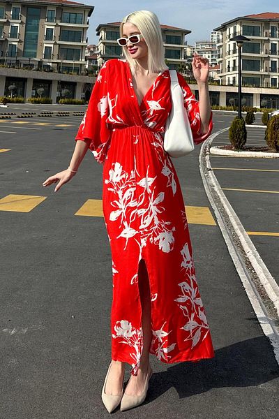 Madmext Red Print Slit Detail Long Dress Mg2324
