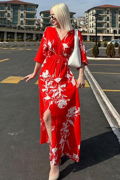Madmext Red Print Slit Detail Long Dress Mg2324