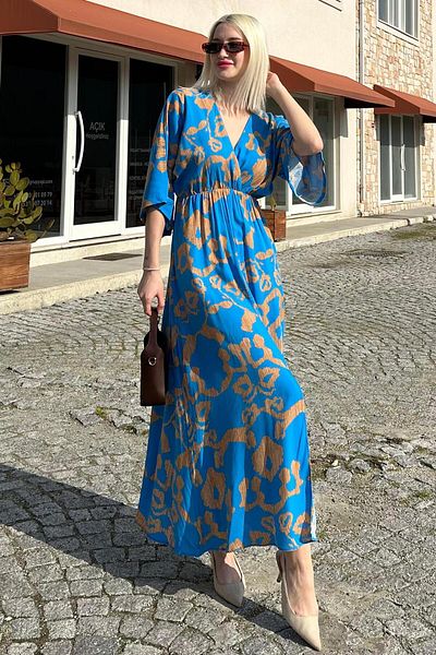 Madmext Rochie lungă cu imprimeu albastru cu fante MG2322