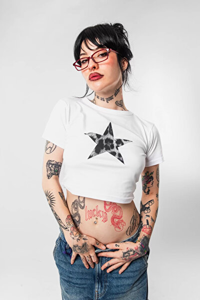 Bak Moda V2 - Crop Top alb cu imprimeu leopard și stele