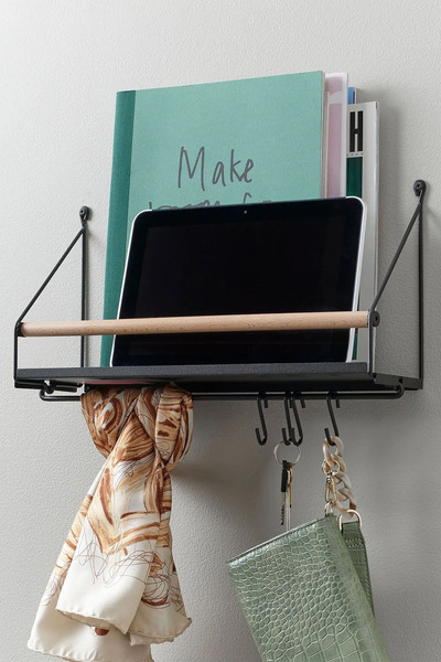 Binbirreyon Çelik Gövde Duvar Rafı 4 Kancalı Dekoratif Banyo Rafı Çok Amaçlı 42X26cm BD020