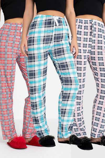 DONEX 3-Pack Cotton Thin Breathable Fabric Ribbon Waist Detail Printed Women's Sleepwear Bottom Pack Without Pockets