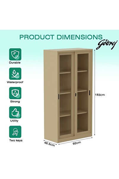 Mahmayi Godrej Glass Sliding Door Steel Bookshelf with Adjustable Shelves Steel Beige Finish