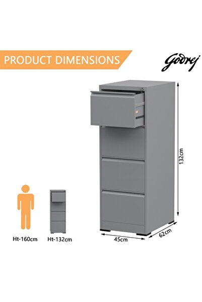 Mahmayi Godrej 4 Drawer Steel Filing Cabinet with Secure Lock Steel Grey Powder-Coated Finish