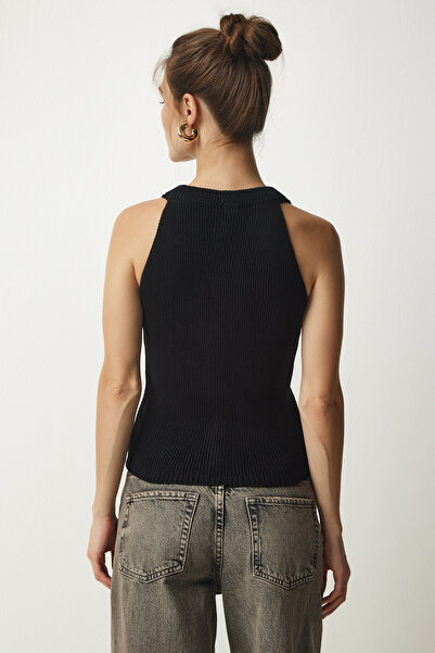Lovelyİstanbul Halter Collar Buttoned Knitwear Vest Black Lfn0061