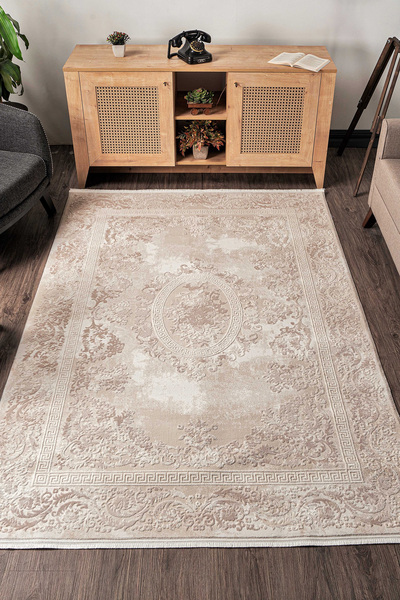 KREASYON HALI Elkenz 7566 Ekru Uzun Ömürlü Yumuşak Dokulu Salon Mutfak Koridor Oturma Odası Yolluk Halı