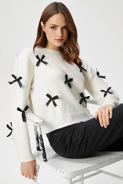 Ritnice Women's Valery Soft Texture Ribbon Bow Detailed Ecru Knitwear Sweater