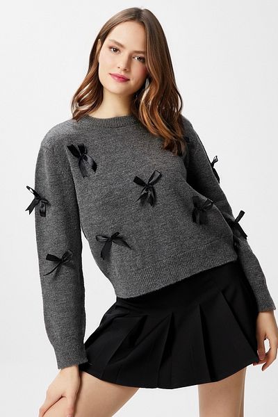 Ritnice Women's Valery Soft Texture Ribbon Bow Detailed Anthracite Knitwear Sweater