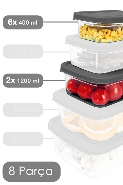 Meleni Home Set of 8 Gray Food Storage Containers - Microwavable Organizer