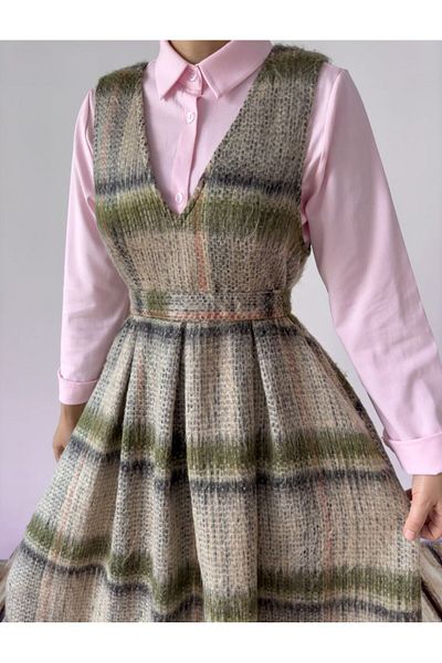 hrmonny Green V Neck Wool Long Vintage Gilet Dress