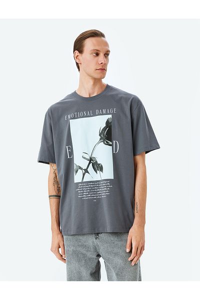 Koton Μπλουζάκι με κοντό μανίκι New Season Crew Neck, βαμβακερό φαρδύ στάμπα