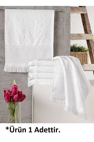 Fiesta 1 Piece Jacquard Velvet Towel with Etamine Border - Soft Embroidery, 50X90- White