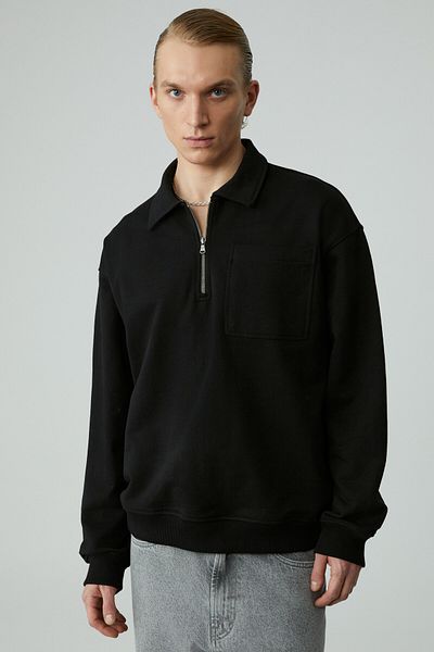 GRIMELANGE Shiftd Men's Zippered Collar Long Sleeve Zippered Black Sweatshirt