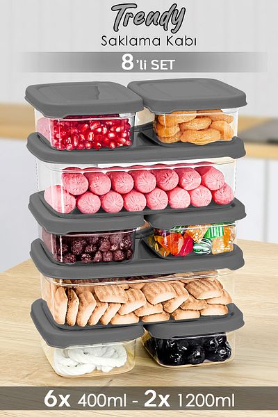 Meleni Home Set of 8 Gray Food Storage Containers - Microwavable Organizer