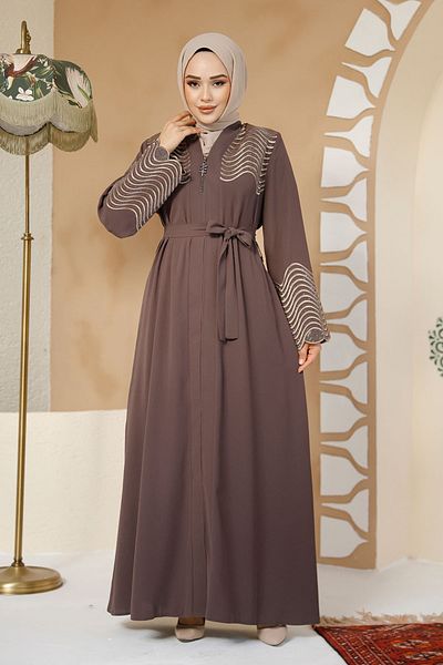 Neva Style Bead Embroidered Brown Hijab Abaya 29105Kh