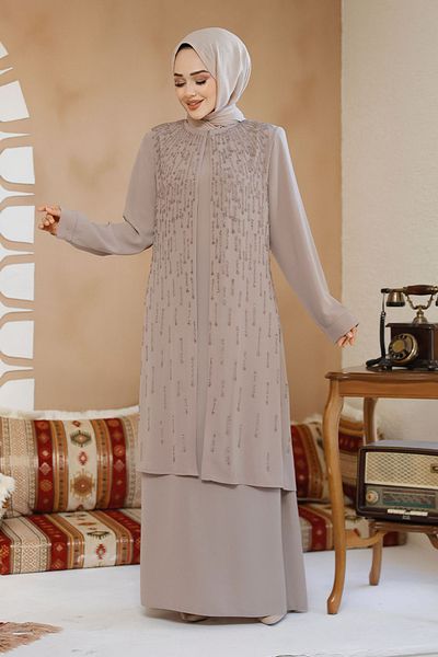 Neva Style Bead Embroidered Beige Hijab Abaya 29119Beige