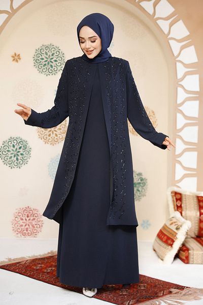 Neva Style Bead Embroidered Navy Blue Hijab Abaya 29120L