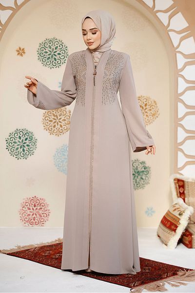 Neva Style Beige Hijab Abaya - Bead Detail, Model 17007Beige