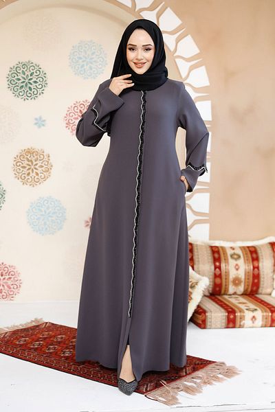 Neva Style Smoked Bead Embroidered Hijab Abaya - 61365Fu