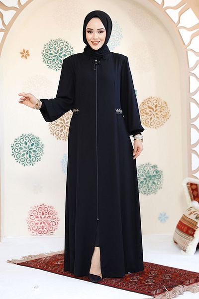 Neva Style Navy Blue Zippered Hijab Abaya - 8104L