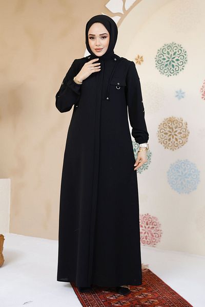 Neva Style Zippered Black Hijab Abaya 61363S