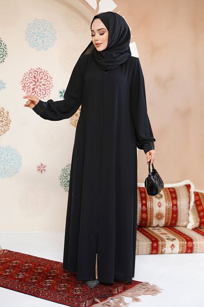 Neva Style Zippered Black Hijab Abaya 35168S