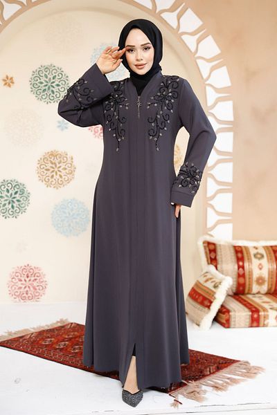Neva Style Bead Embroidered Smoked Hijab Abaya 29107Fu