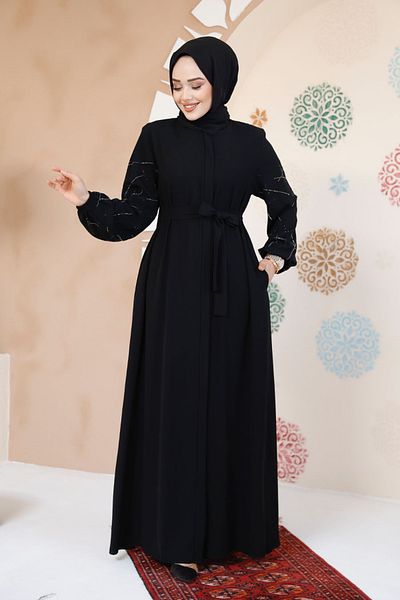 Neva Style Abaya hijab neagră cu mâneci decorate 61366S