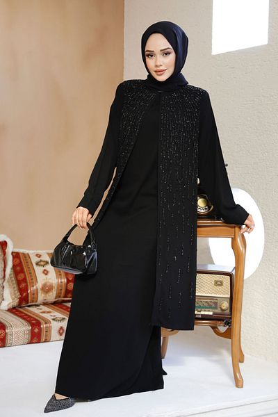 Neva Style Χάντρες Κεντημένο Μαύρο Ισλαμικό Abaya 29119S